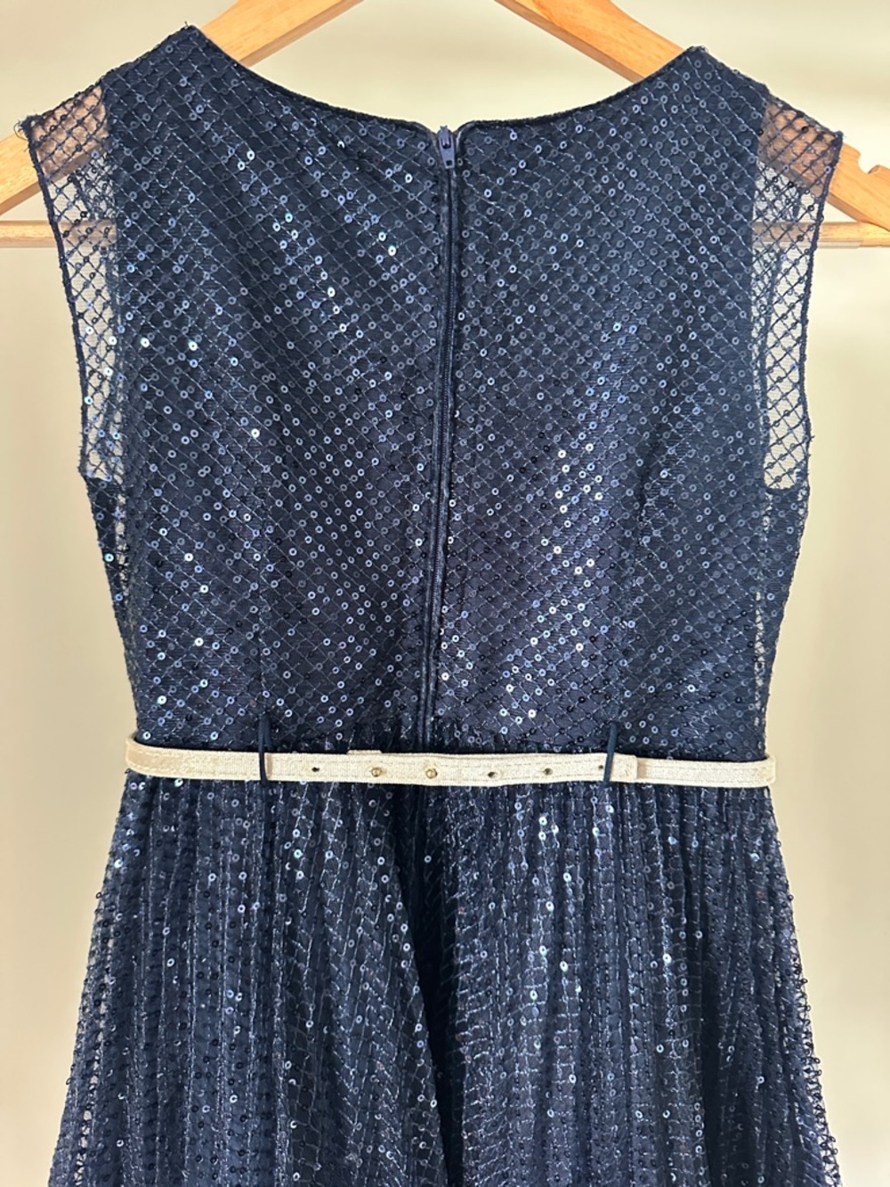MonnaLisa Navy Blue Sequin Party Dress with Cream velvet Bow Belt - Picture 7 of 10